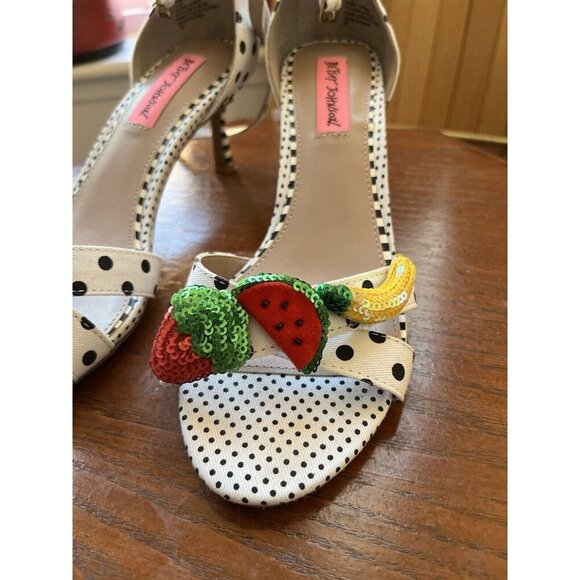 Betsey Johnson JORDAN Moody Fruit Embellished Polka Dot Heeled Sandals - Picture 2 of 8